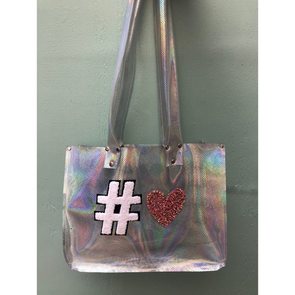 Holographic Clear Tote | Hashtag Heart Appliqué Iridescent Bag - Picture 3 of 7